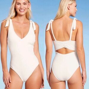 NWOT Shade & Shore Cream Plung Front Shoulder Tie Ribbed One Piece Swimsuit Larg
